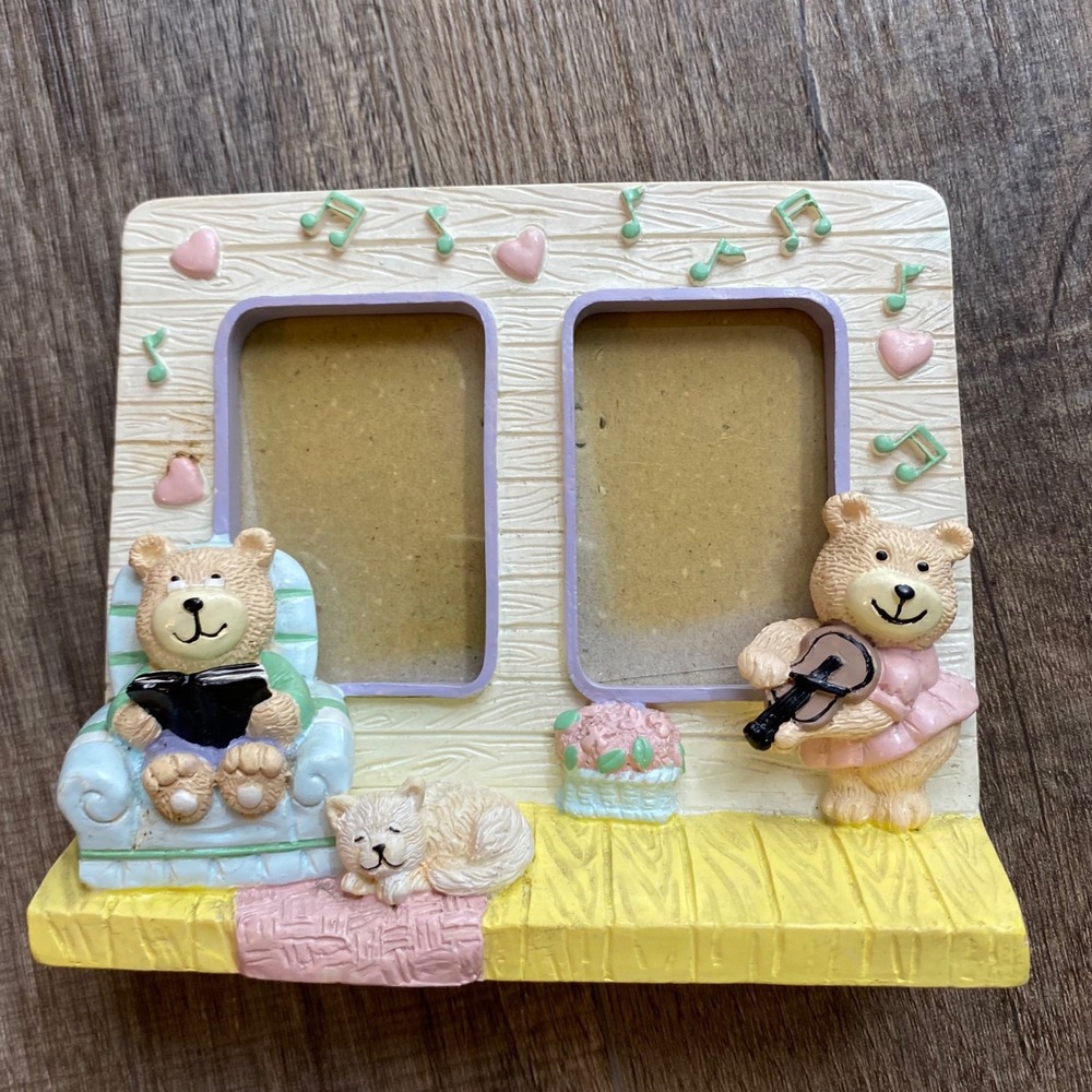 Vintage Style Teddy Bear Resin Double Photo Frame Music Theme Pastel, Cat